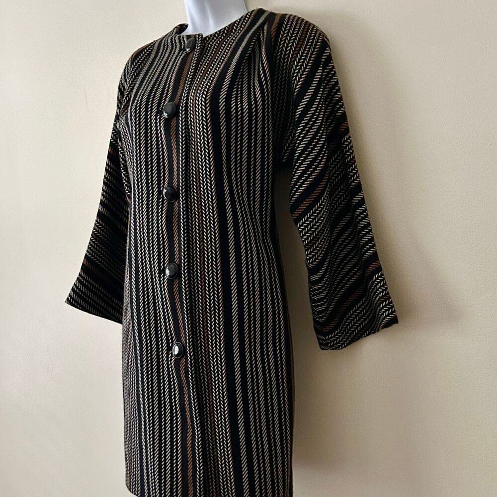Vtg MOD Anne Klein Coat Wool Blend Hour Glass Black Brown Stripe Wide Sleeve M